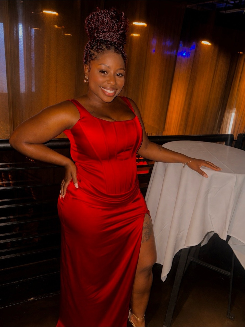 Oh Polly Red Satin Maxi Dress with Square Neck and High Slit